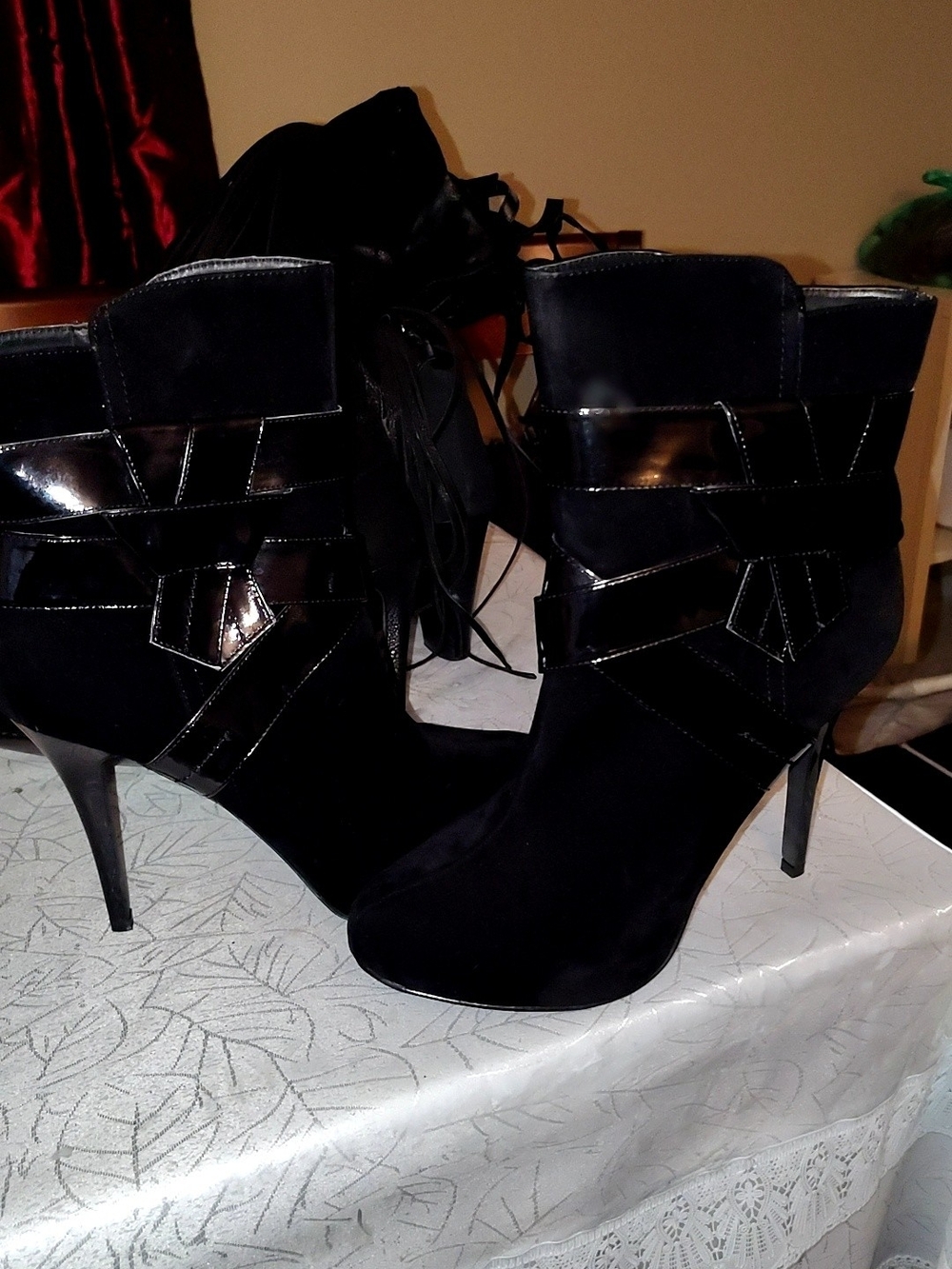 JustFab Black Suede and Patent Leather High Heel Ankle Boots
